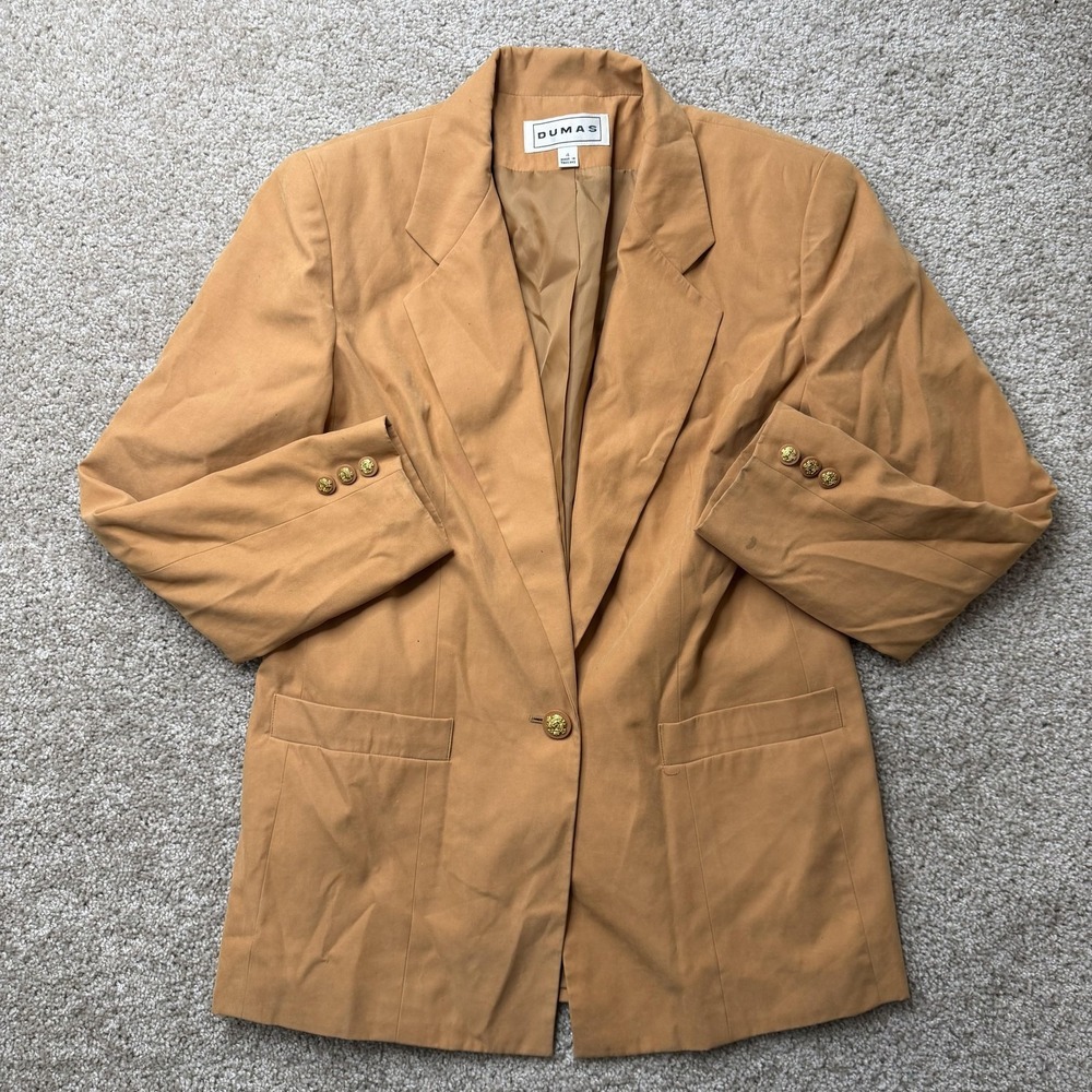 Vintage Dumas Blazer Jacket Womens 4 Beige Longline One Button Lined Career Work